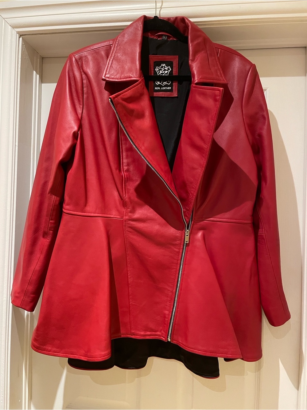 Women's Red Leather Peplum Moto Jacket Modern Grunge XL